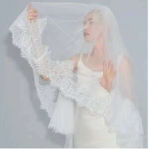 Dreamy French Lace Cathedral Wedding Veil + Blusher Veil